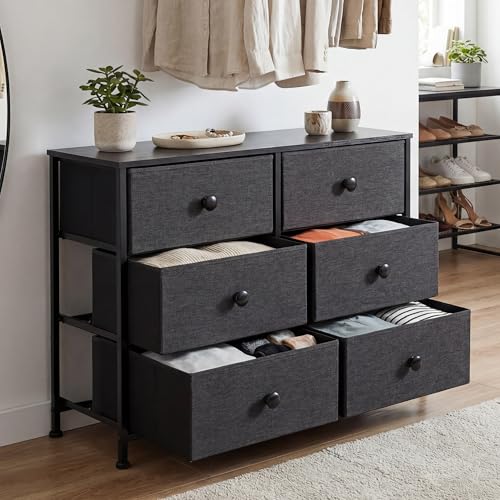 DUHOME 6 Drawer Black Fabric Dresser, Storage Organizer with Wood Top & Steel Frame, Modern Style Storage Cabinets Organization Units for Bedroom, Closet, Hallway, Entryway, Nursery & Living Room