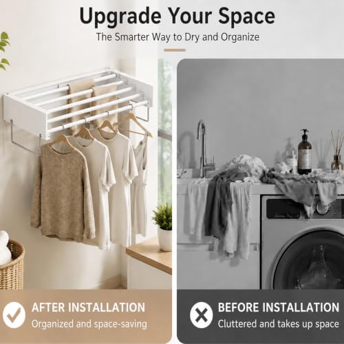 31.5-Inch Wall Mounted Foldable Clothes Drying Rack, White | Space-saving rack folds against the wall when not in use and includes a mounting template for indoor or balcony drying - color: White, W31.5''