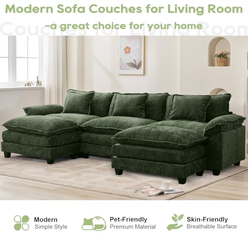 120" Modular Sectional Sofa, Comfy Deep Cloud Couch with Ottoman | U-Shaped Couches for Living Room, Modular Couch, Deep and Wide Seat, Chenille Sofa Sleeper with Throw Pillows, Green - color: Green, size: 120 Inch U