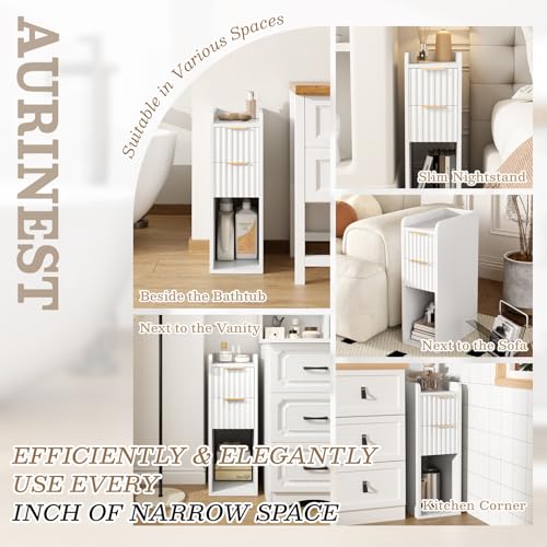 Narrow Nightstand Set of 2, 7.9" Wood Nightstands w/Fluted 2 Drawer, Slim Bed Side End Table Small Spaces Modern Skinny Wooden Night Stand for Bedroom, Living Room, White