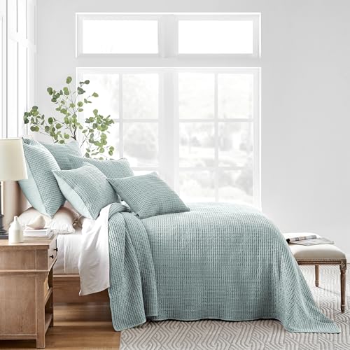 Levtex Home Mills Waffle Twin Bedspread Set (84x104in) with 1 Pillow Sham (26x20in) - Spa - Cotton Waffle Twin Size Bedspread Set - Lightweight, Soft, Pre-Washed - color: Spa, size: Twin Bedspread