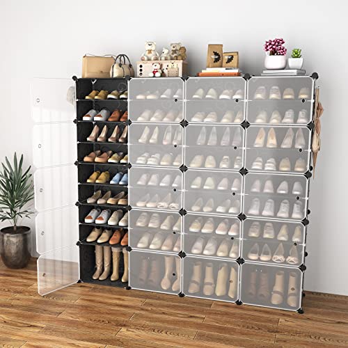 Portable Shoe Rack Organizer with Door, 80 Pairs Shoe Storage Cabinet Easy Assembly, Plastic Adjustable Shoe Storage Organizer Stackable Detachable Free Standing DIY Expandable 10 Tier Black - color: Black, size: 64" Wide-80 Pairs