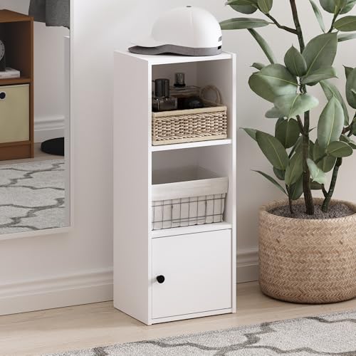 Furinno LUDER Book Shelf, 3-Tier Modern Bookshelf, Bookcase with 1 Door Storage Cabinet, 9.3 x 12 x 31.5, for Organization and Storage, for Living Room, Bedroom, Home Office, White - color: White, size: 3-Cube with Cabinet