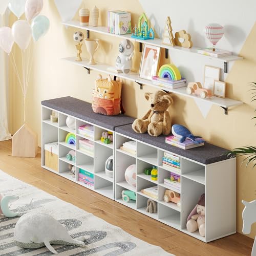 Shoe Storage Bench with Cushion, 16-Cubby Shoe Rack with Seat | 40.9"L Entryway Shoe Organizer Bench, Adjustable Shelves for Boots, Removable Washable Cushion, Closet/Hallway/Bedroom, White - color: White, size: 16 Cubby