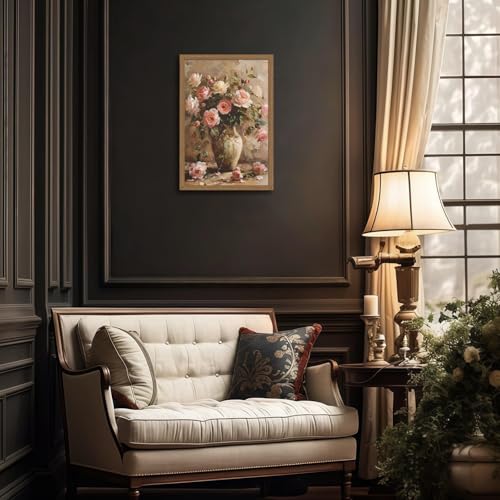 Framed Vintage Pink roses Vase Flower Canvas Wall Art French Country Floral in Canvas Prints Oil Painting Rustic Decor for Bedroom Living Room Dining room gallery Can be hung directly 12x16in - color: Floral in Vase, size: 12x16 Inches