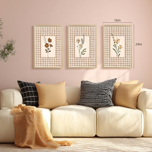 LERVR Wood Framed Vintage Floral Wall Art Set of 3, Rustic Farmhouse Flower Wall Decor, Brown Gingham Botanical Canvas Print, Neutral Cottage Botanical Artwork for Living Room Bedroom 12x16 Inch - color: PlaidPrint, size: 16"L x 12"W