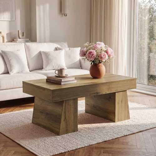 Farmhouse Coffee Table, 47" Retro Brown Wooden Accent Center Table | Modern Low Cocktail Tea Furniture for Living Room, Rustic Brown Finish, Scratch & Water Resistant MDF, Easy Assembly