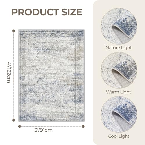 3x4 Rugs for Entryway,Washable Area Rug,Blue | Small Rug for Kitchen,Hallway,Bedroom,Bathroom,Thin,Soft, Neutral Rug,Stain Resistant Indoor Carpet,Non Slip - color: Blue/Brown/Ivory, size: 3' x 4' (Rectangular)