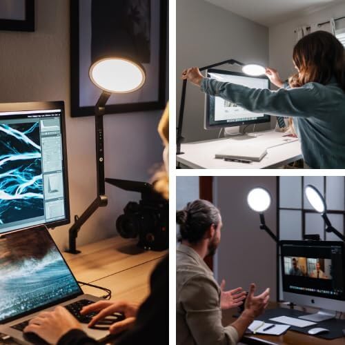 LUME CUBE Edge 2.0 LED Desk Lamp | Dimmable Home Office Desk Light with USB Charging Port & Strong Swing Arm | Adjustable Color Temperature and Brightness | Circle Webcam Light - Black - size: Black - Single