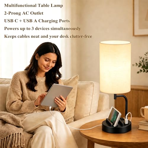Dreamholder Touch Control USB Table Lamp with USB C/A & AC Outlet, 3-Way Dimmable Bedside Lamp, Modern Nightstand Lamps for Bedroom Living Room Guest Room Office, Bulb Included, Black - color: Black