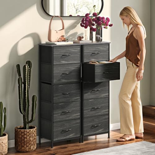 WLIVE 5 Drawer Dresser for Bedroom, Tall Chest of Drawers, Black Wood Grain | 5 vertical fabric drawers, Tall vertical design, Bedroom or closet use, Dresser for small spaces, Sturdy steel frame - color: Charcoal Black Wood Grain Print