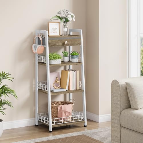 Gewudraw Bathroom Shelf with Storage Drawer, 4-Tier Ladder Shelf, White | Bathroom Table Stand for Small Spaces, Bathroom Storage for Living Room, Bedroom, Kitchen, Bathroom Organizer Standing Shelf - color: White, size: 4 Tier Standard