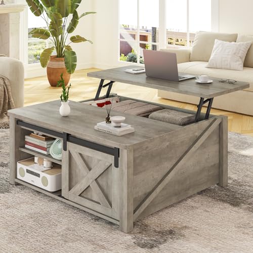 SEDETA 31.5" Lift Top Coffee Table with Storage, Square Coffee Tables for Living Room, Farmhouse Coffee Table with Large Hidden Storage Compartment and Adjustable Shelves, Grey - color: Grey