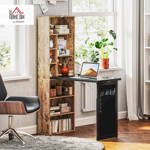 HOMCOM Foldable Desk Wall Mounted Convertible Table, Rustic Brown | Wall Mounted, Space-Saving, Chalkboard, Storage Shelves, for Small Spaces, Home Office, Bedroom, Dorm, Apartment - color: Rustic Brown