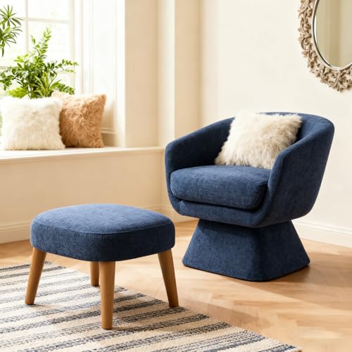 Swivel Barrel Chair and Ottoman Set, 360 Degree Club Chair, Comfy Boucle Armchair and Footstool, Upholstered Accent Sofa Chair w/Footrest for Living Room Bedroom Reception Room, Blue - color: Blue, size: Swivel chair
