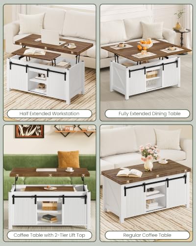 Lift Top Coffee Table, 4 in 1 Convertible Coffee Table, Farmhouse Coffee Tables, with Hidden Compartments, with Sliding Doors, for Living Room, Apartment, White and Walnut MKF01WL - color: White + Walnut