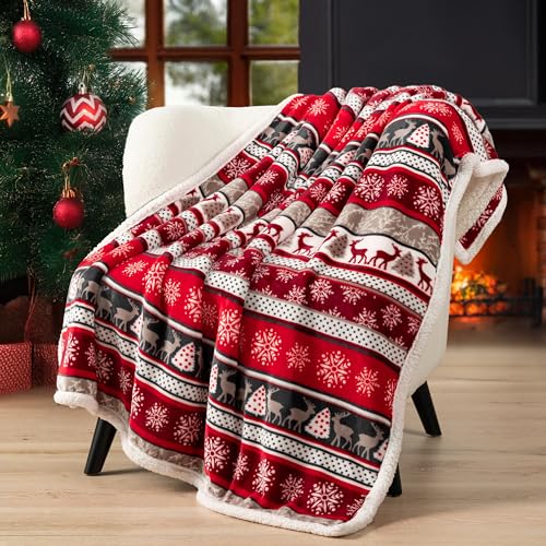 PAVILIA Christmas Sherpa Throw Blanket, Red & White Snowflake, Reindeer, Reversible Fleece & Sherpa Cozy Winter Blanket for Couch & Bed, 50x60, Christmas & Holiday Decor - color: Holiday-reindeer, size: 50 x 60 Inches