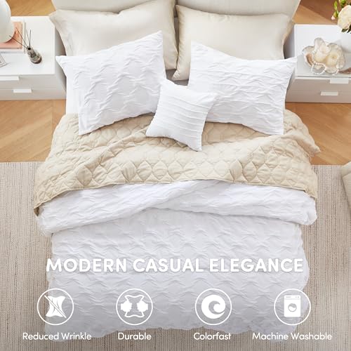 Comfort Spaces All Season King Size Comforter Set for Girls, 4 Piece, White | Bailey Ogee Ruched Bedding Set Cal King with Crinkle Texture Lightweight, Breathable Durable, Decorative Modern, Décor Pillow - color: White, size: King/Cal King