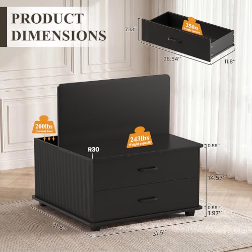 MALOL Square Storage Coffee Table with 2 Drawers, Hidden Storage Beneath Flip-Top Lid, Modern Fluted Wood Coffee Table with Solid Wood Legs for Living Room, Black - color: Black
