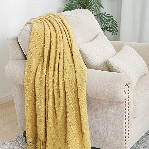 BOURINA Mustard Throw Blanket 60x80 Inch Boho Knit Soft Throw Sofa Blanket | Knitted Throw Blanket 60x80 Inches, Soft Lightweight Boho Weave Throw Decorative Couch Blanket for Living Room Bedroom Chair - color: Mustard, size: 60"x80"
