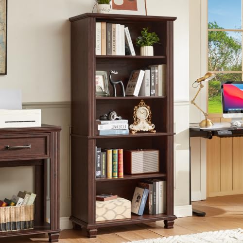 70" Tall Walnut Bookshelf,5 Tier Wooden Book Shelf with Adjustable Shelves & Wood Legs,Free Standing Farmhouse Bookcase with Open Display Storage,Vintage Bookshelves for Classroom, Office - color: Walnut, size: 15.6"D x 31.5"W x 70"H