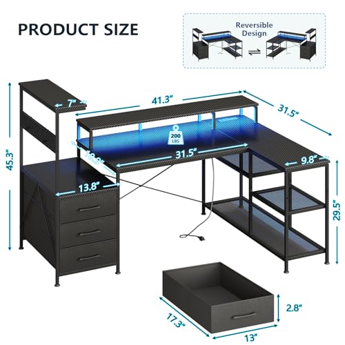 L Shaped Gaming Desk with Drawers & Storage Shelves for Game, Home Office | Corner Gaming Desk with Power Outlets & LED Light, Reversible Computer Desk with Monitor Stand & Hooks - color: Black