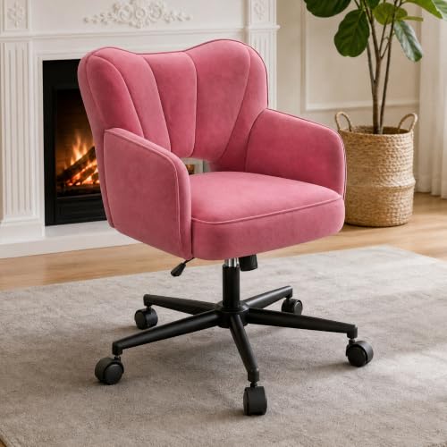 DurayLoly Desk Chair with Shell Back & 360° Swivel Wheels | Comfy Velet Vanity Chair,Adjustable Height,Stylish and Comfortable for Makeup, Work & Relaxation,Dusty Rose - color: Dusty Rose