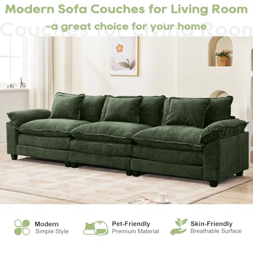 120" Modular Sectional Sofa, Comfy 3 Seater Deep Cloud Couch | Couches for Living Room, Modular Couch, Deep and Wide Seat, Chenille Sofa Sleeper with Throw Pillows, Green - color: Green, size: 120 Inch