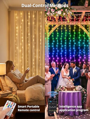 Color Changing Curtain Lights,RGB-IC 8.2x6.6ft with APP&Remote | 280LED, Dynamic with Music Sync, Smart Window Fairy Lights for Bedroom, Backdrop, Wedding, Xmas,Wall,Indoor Outdoor Decor - color: Multicolor, size: 280LED
