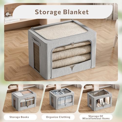 FHSQX 3 Pack Clothes Storage Bins - Foldable Metal Frame Storage Box - Stackable Linen Fabric Container Organizer Set with Carrying Handles and Clear Window (Light Gray, 15.7x11.8x9.8inch(30L)) - color: Light Gray, size: 15.7x11.8x9.8inch(30L)