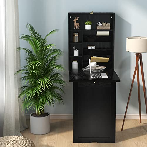 GOFLAME Wall Mounted Folding Desk with 3-Tier Tilt Storage Partition and Adjustable Shelves, Space-Saving Convertible Writing Desk for Home Office, Black - color: Black