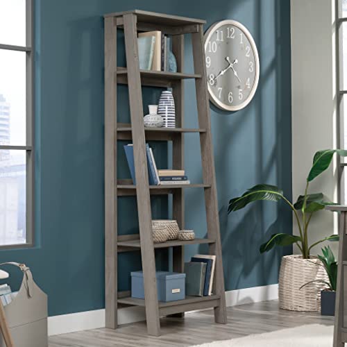 Sauder Ladder Bookshelf 5 Tier Trestle Ladder Shelf Wooden Bookcase, in Mystic Oak - color: Jamocha Wood