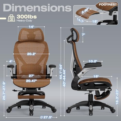 X100 Ergonomic Mesh Office Chair with Footrest, Big and Tall Home Desk Chair with 5D Flip-Up Arms, Adjustable 3D Lumbar Support, Gaming & Executive Computer Chair (Tangerine Burst) - color: Tangerine Burst