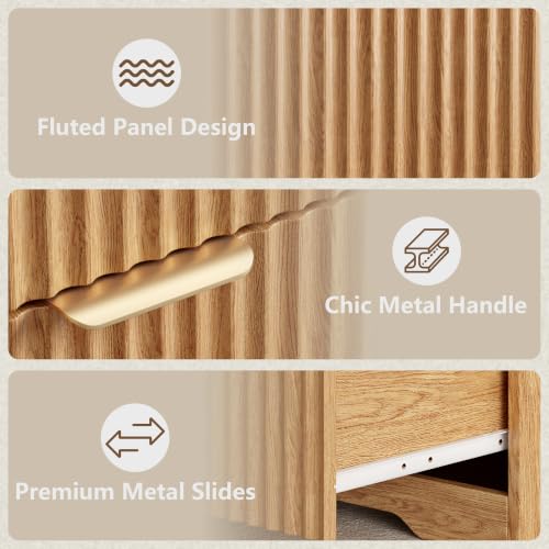 Modern Fluted 9 Drawer Dresser for Bedroom, 57"W x 26"H, Natural Oak | Wooden chest of drawers with metal handles, smooth-gliding drawers, anti-drop panels and anti-tip kit for hallway or entryway - size: 15.6"D x 57.9"W x 26.8"H (9 Drawers)