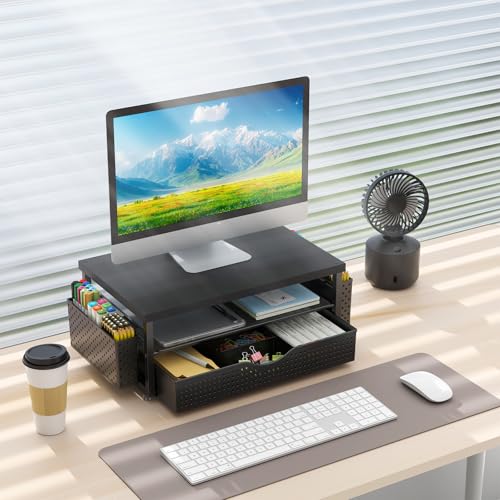 gianotter Desk Organizers and Accessories, Monitor Stand with Drawer and 2 Pen Holder, Desktop Organizer Suitable for Offices and Dormitories (Black-Plain) - color: Black-Plain