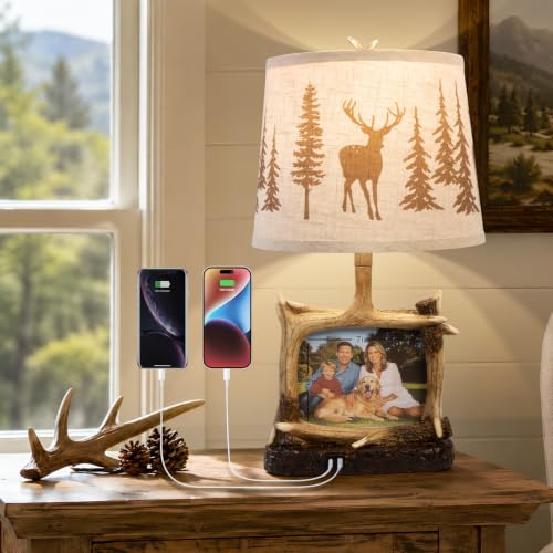 Dungoo 23" Rustic Antler Table Lamp with Picture Frame Lamp with USB-C Port | Western Cabin Deer Table Lamp with 6" x 8" Photo Frame for Living Room Bedroom, Farmhouse Nightstand Bedside Lamp, Brown - color: Natural Brown