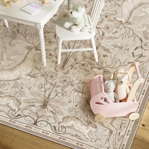 Lahome 6x9 Washable Area Rug for Living Room, Woodland Deer Boho Animal Rug, Vintage Botanical Beige Non-Slip Low Pile Large Carpet for Bedroom Dining Room Nursery Farmhouse Decor - color: Beige, size: 6' x 9' (Rectangular)