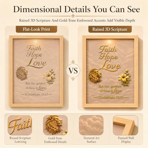 Framed Christian Wall Art Set of 3, 12x16 Bible Verse Wall Decor | Raised 3D Scripture With Gold-Tone Embossed Details, Psalm 23 Faith Hope Love Religious Wall Art For Living Room Prayer Room