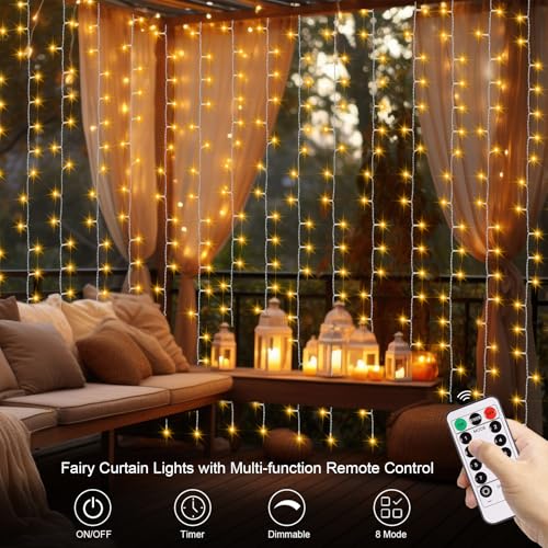 Curtain Lights Battery Operated Christmas Fairy Curtain Lights 9.8×9.8 Ft | 300 LED Battery Curtain Lights with Remote Timer Dimmable for Bedroom Wedding Backdrop Indoor Outdoor Decor, Warm White - color: Warm White