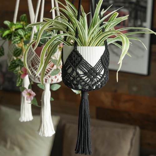 4 Pack Macrame Plant Hangers Indoor Up to 10 inch Pot, Boho Hanging Planters, Plant Holder with 8Pcs Stainless Steel Hooks(4Pcs Black Hanger) - color: 4pcs Black Hanger