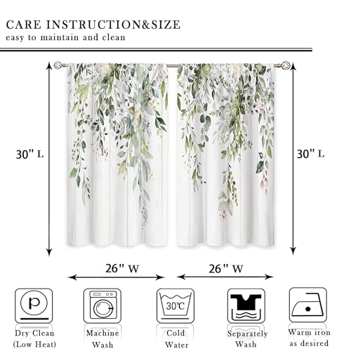 Farmhouse Wooden Eucalyptus Small Kitchen Curtains Watercolor Leaves Window Treatment Flower Floral Plant Botanical Cafe Short Curtains for Bathroom Dining Fall Tier Treatment Drape 26x30 inch - color: 02 Green, size: 26"W x 30"L (Pack of 2)