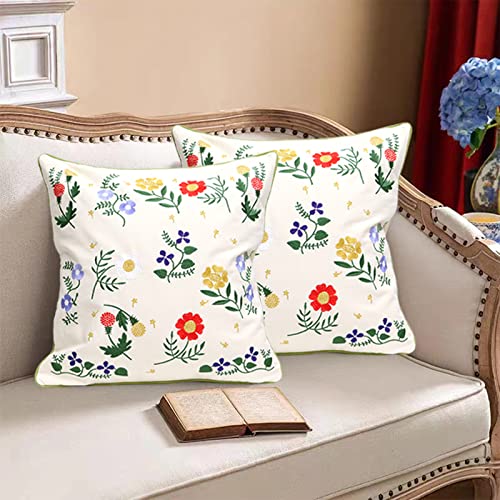Set of 2 Embroidered Decorative Throw Pillow Covers Couch Square Pillowcases Cushion for Bedroom Sofa Farmhouse Decor 18x18 Inch (Flower-C) - color: Flower-c