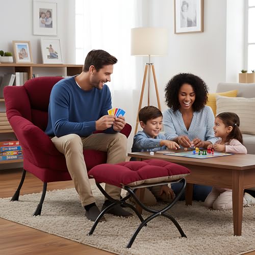 Welnow Lazy Chair with Ottoman, Reading Chair with Footrest,Burgundy | A Side Pocket,Armrests,Foldable Footrest,Thick Cushioned Seat & Backrest, Lounge Chair for Bedroom,Living Room & Small Space - color: Burgundy