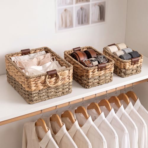 Set of 3 Wicker Basket Natural Seagrass Hyacinth Nesting Storage Baskets with Handles for Organizing Shelves Closet Pantry Living Room Decorative Woven Baskets