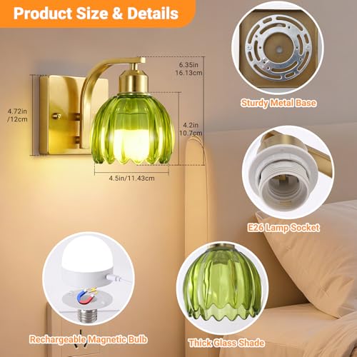 Rechargeable Battery Operated Wall Sconce Set of 2, Wireless Battery Powered Gold Wall Lamps with Green Tulip Glass, Vintage Dimmable Wall Lights with Remote Control for Bedroom Living Room - color: Gold