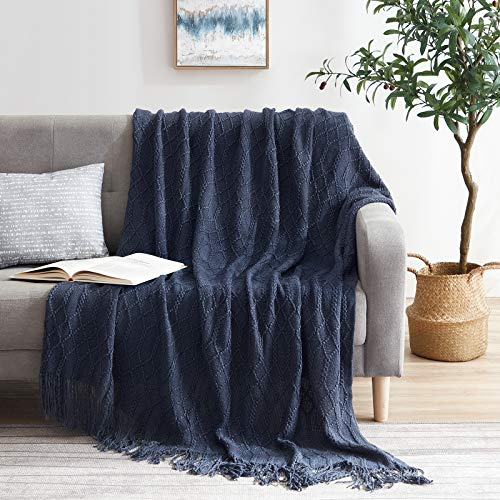 KASYLAN Acrylic Knitted Throw Blanket for Sofa Bed 50x60 Inch Navy | Cozy acrylic knitted throw, warm lightweight blanket, washable teal cover for couch, bed & living room decor - color: Rhombu-navy
