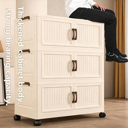 275QT Modular Stackable Storage Cabinet, Rolling Lidded Storage Containers with Wheels, Collapsible Drawer Storage Bins for Clothes, Toys, Bedroom, Dorm Room Organization, Cream White(3 Pack) - size: 3 Pack 27 L x 15 W x 40 H