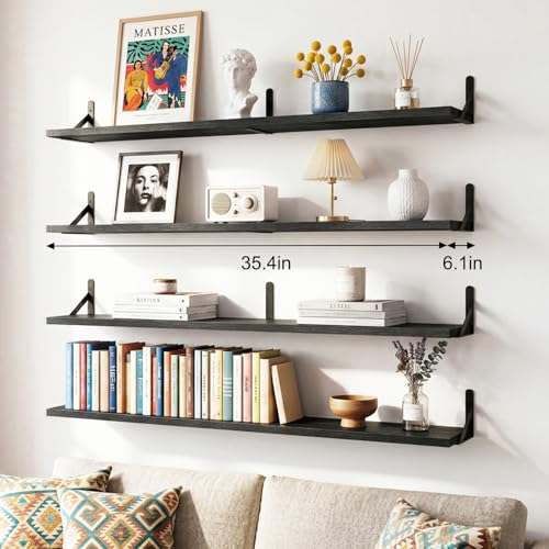 YGEOMER 35.4in Floating Shelves for Wall Home Decor, Black Set of 4 | 35.4-inch wood shelves with metal brackets. Space-saving for books & decor. Fits bathroom, kitchen, living room & bedroom. - color: Black, size: 35inch Standard