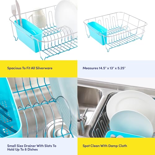 Dish Drying Rack & Cutlery Holder 2 Piece Set - Compact Sink-Fitting Dish Drainer with Rubberized Undercoating, Space-Saving Kitchen Organizer for Plates, Cups, Bowls & Utensils in Sink, Turquoise - color: Turquoise