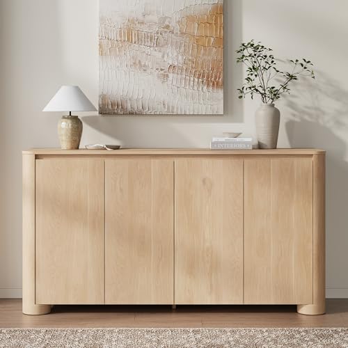 YANSNWO 59" Sideboard Buffet Cabinet with Rounded Corner, Natural Oak(1PCS) | 2-Tier Storage, Adjustable Shelves, 2"H × 6.3"D Sturdy Cylindrical Base, Handleless, Modern for Kitchen/Living Room/Hallway